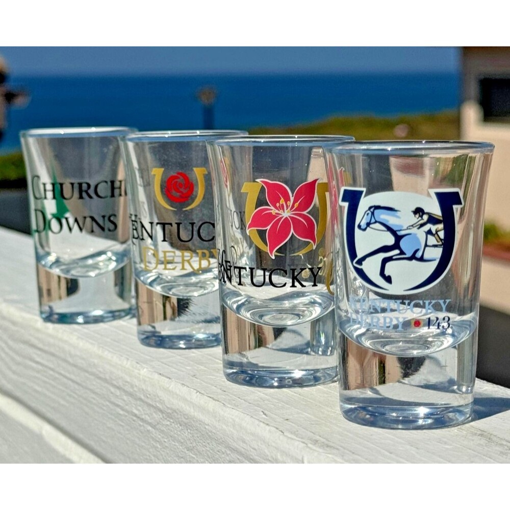 Kentucky Derby Shot Glass Set 4 Churchill Downs Horse Racing Barware Glasses NWB